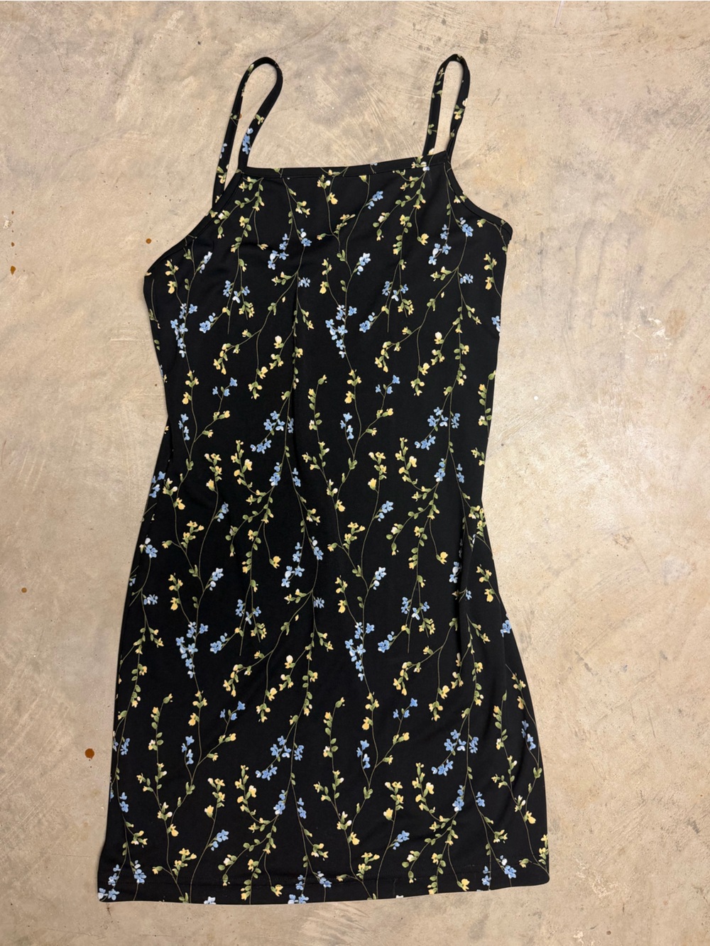 Black Floral Slip Dress with Blue and Green Vine Print